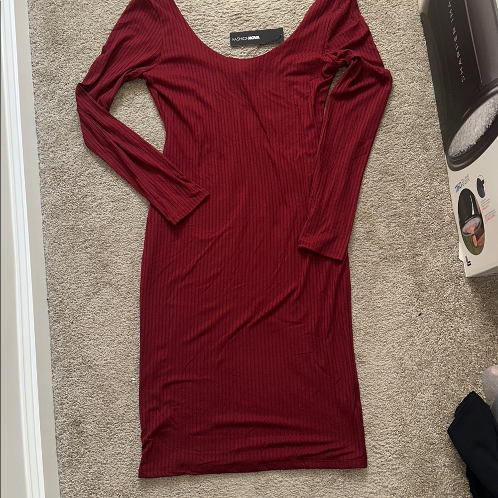 Fashion Nova Deep Red Ribbed Midi Dress